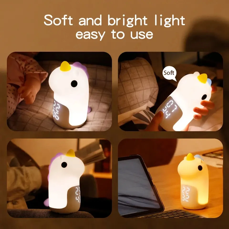 Eenhoorn Touch Control Wekker, LED siliconen nachtlampje, Slaapapparaat voor kinderen
