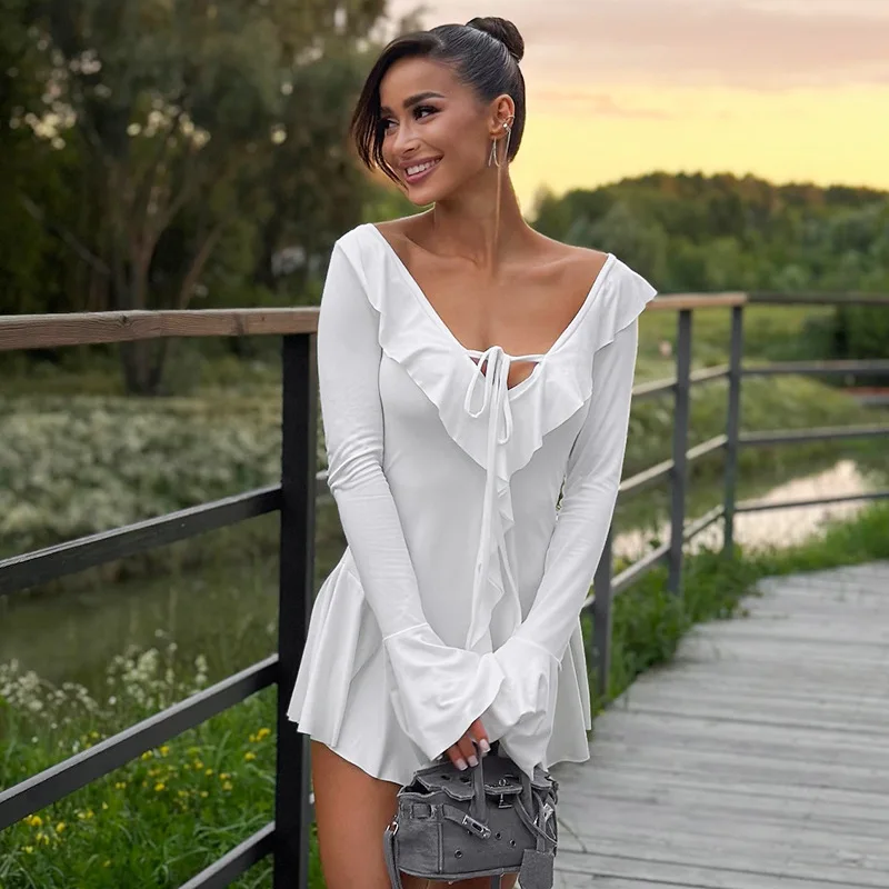 Sexy Deep V Ruffled Bodycon Short Skirt For Women Fall Ruffled Flared Sleeves Party Evening Dress Street Clothing