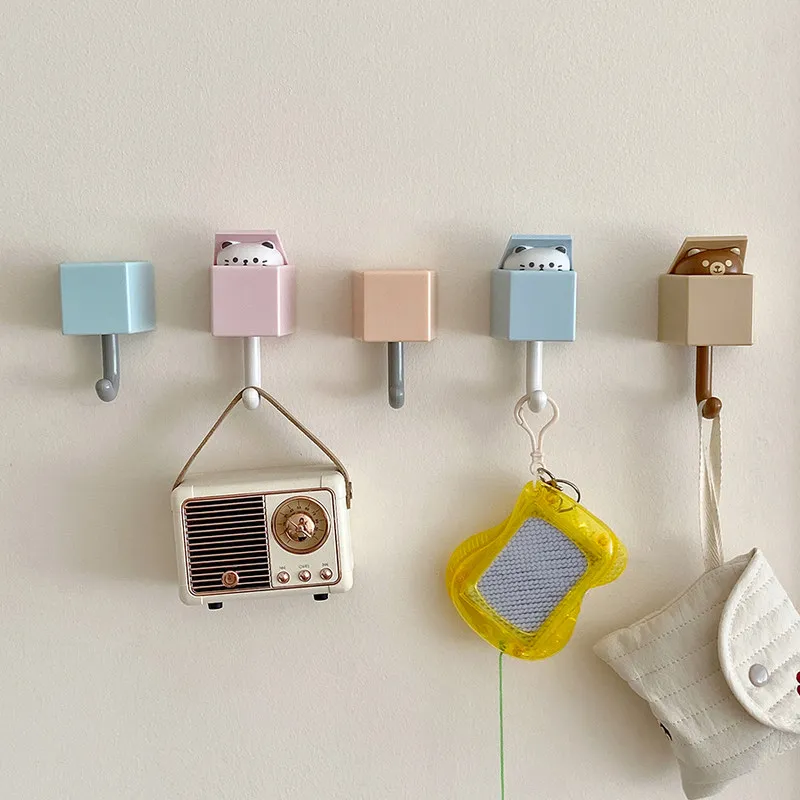 1-10PCS Cute Wall Hooks Key Holder Door Hanging Plastic Self Adhesive Wall Hanger Cartoon Cat Shape Hook For Kids Room Home Deco 2
