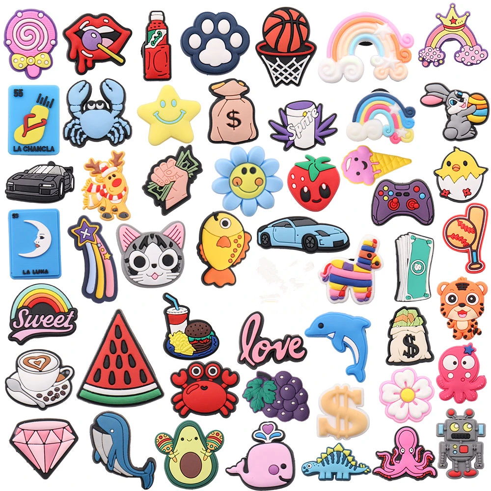

Wholesale 50Pcs PVC Rainbow Car Rabbit Coffee Diamond Dinosaur Shoe Charms Adult Buckle Decorations Fit Wristband Croc Jibz