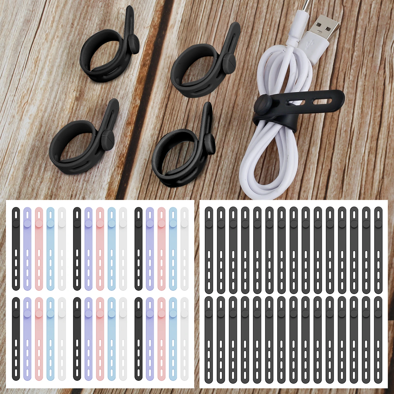 30Pcs Silicone Cable Ties Adjustable Cable Straps Black/Colorful Cord Organizer Reusable Cable Management Organizer Fastening
