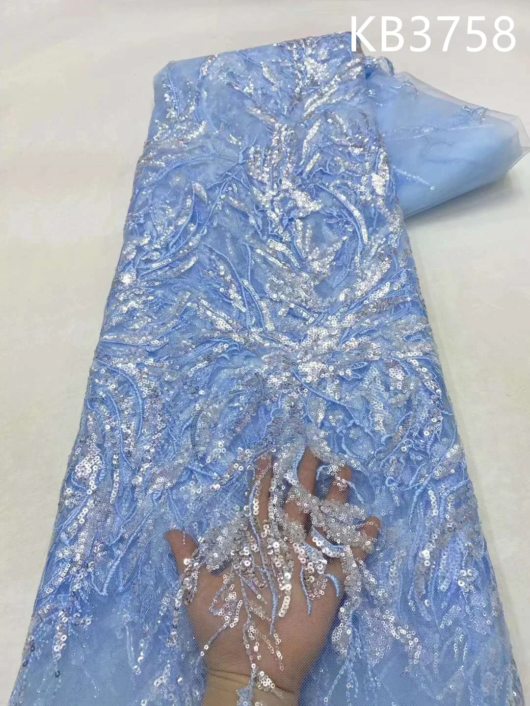 

Light Blue African Sequence Lace Fabric Nigerian Lace Fabric 2024 High Quality Black French Mesh with Sequence for Sewing KB3758