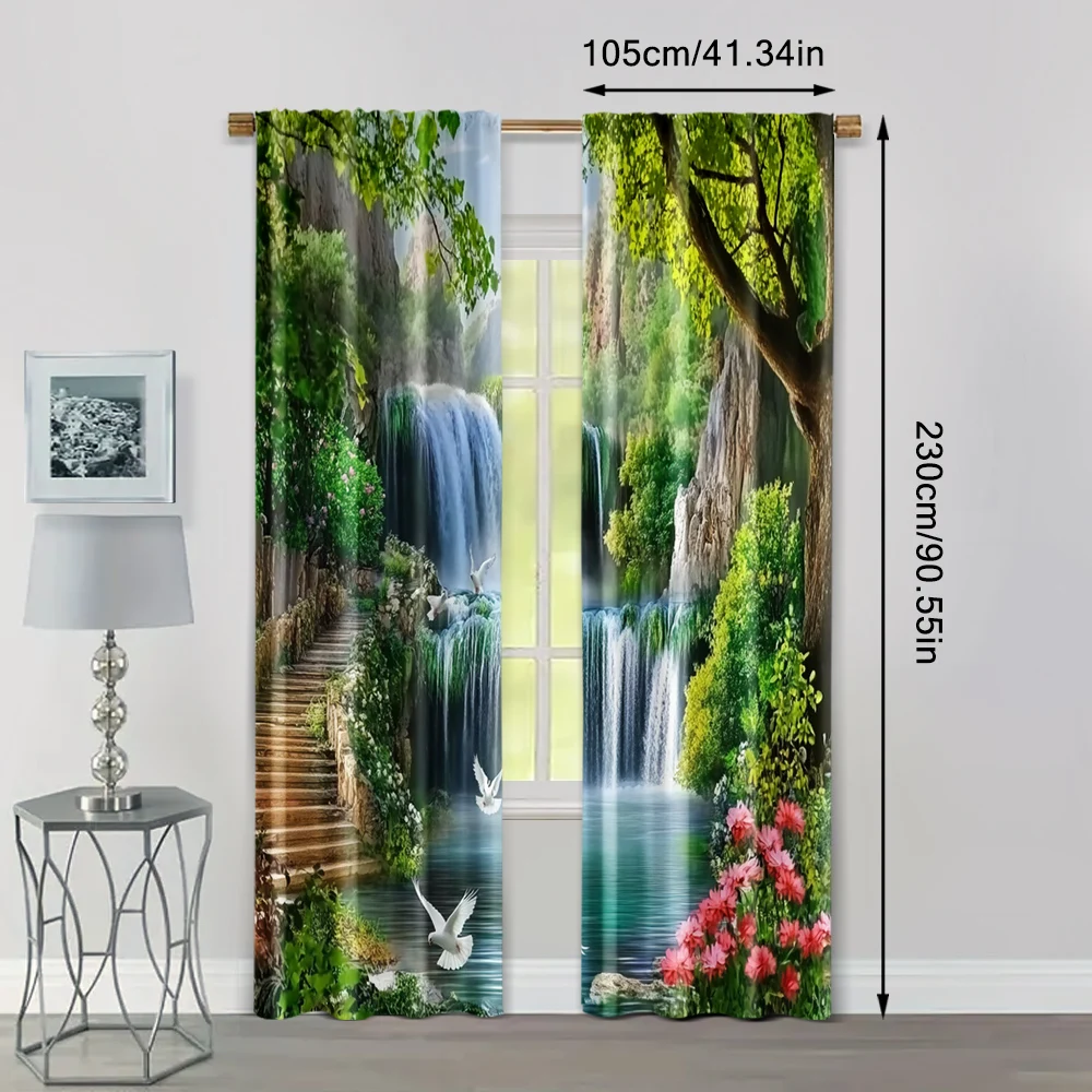 2pc, Window Curtains Beautiful forest waterfall scenery Durable 100% Polyester Fabric,Without Electricity Spring Party & Holiday 4
