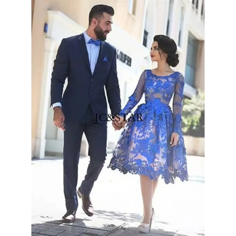Royal Blue Lace Long-sleeved Cocktail Dresses Short Sexy Perspective Fashion Chic A Line Prom Dress Vestidos De Gala