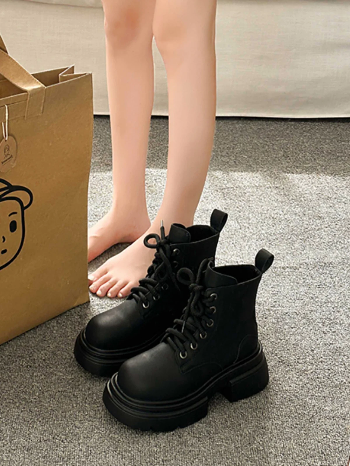 

Women's Rubber Boots Boots-Women Clogs Platform Round Toe Autumn Shoes Lace Up Rain Med 2023 Lolita Ladies Ankle Rock Cotton Fab