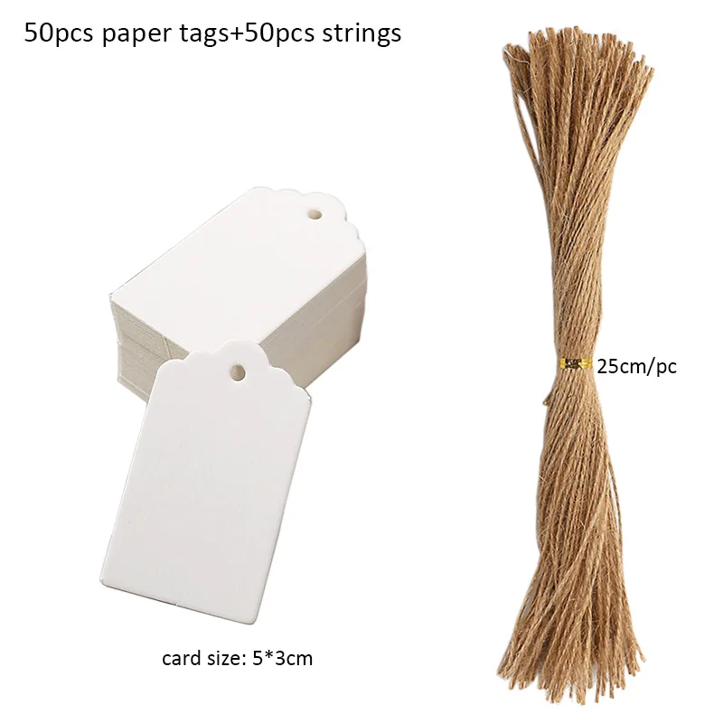 50pcs Kraft Paper Tags White Cardboard Cards with Strings Wedding Birthday Christmas Party Gift Tag Cookie Packaging Supplies