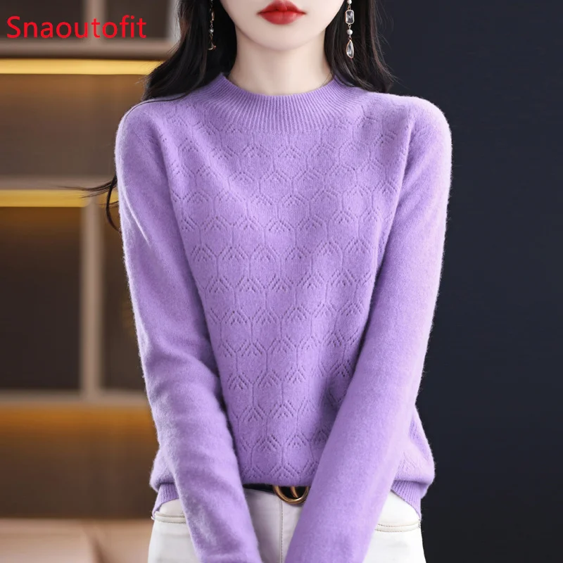 2023 Spring and Autumn Cashmere Sweater Women's Merino Wool Knitted Sweater  Half High Neck Hollowed Out Pullover Long Sleeves