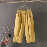 Women Summer Cropped Pants Mid-rise Elastic Waistband Wide Leg Pants Casual Solid Color Pockets Design Harem Trousers