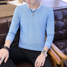 

2022 Men's Spring and Autumn Thin Stretch Round Neck Pullover Solid Color Fake Two-piece Fashion British Style Sweater