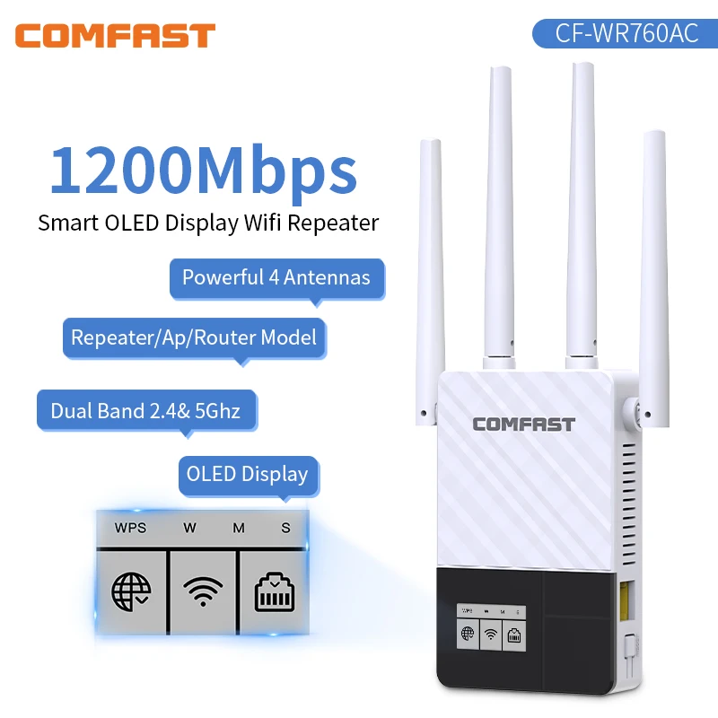 Répéteur WiFi,1200Mbps Dual Band 2.4G / 5G WiFi Amplifier,WiFi Signal  Booster,2 Ports LAN ，4 Antennes，WiFi Extenders ，for Home and