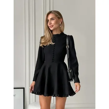903-66188f.jpg Mini Robe Noire Élégante à Manches sulfet Col Rond pour Femme, Vêtement à la Mode, Style Automne/Hiver