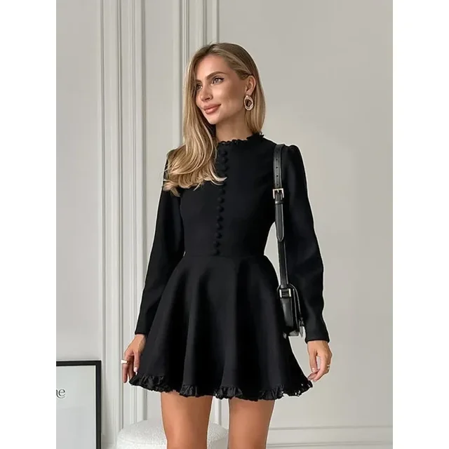 903-66188f.jpg Mini Robe Noire Élégante à Manches sulfet Col Rond pour Femme, Vêtement à la Mode, Style Automne/Hiver