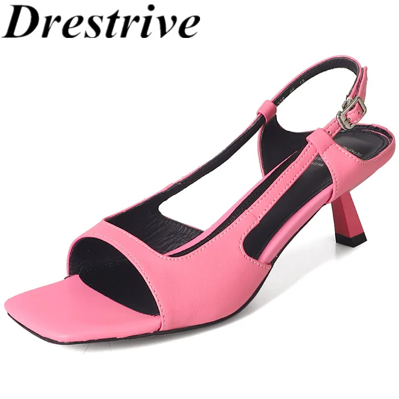 

Drestrive 2024 Top Quality Women's Sandals Cow Leather Square Toe Thin High Heels Summer Shoes Buckle Fashion Pink