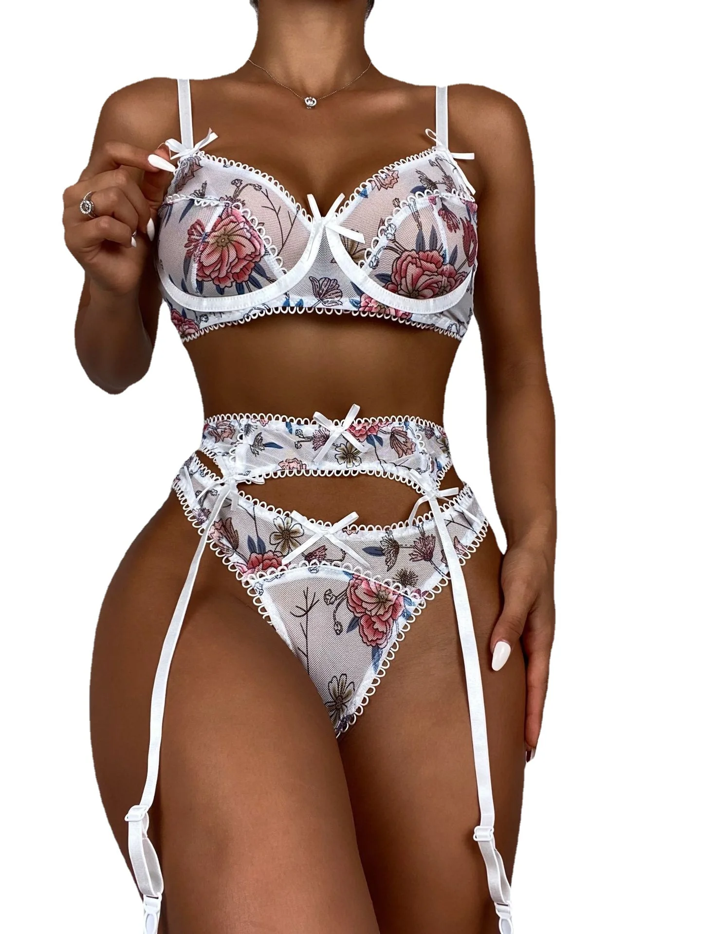 

Новинка 2023, сексуальное нижнее белье, сетчатая прозрачная Экзотическая одежда, Женский комплект из трех предметов, корсет с подвязками