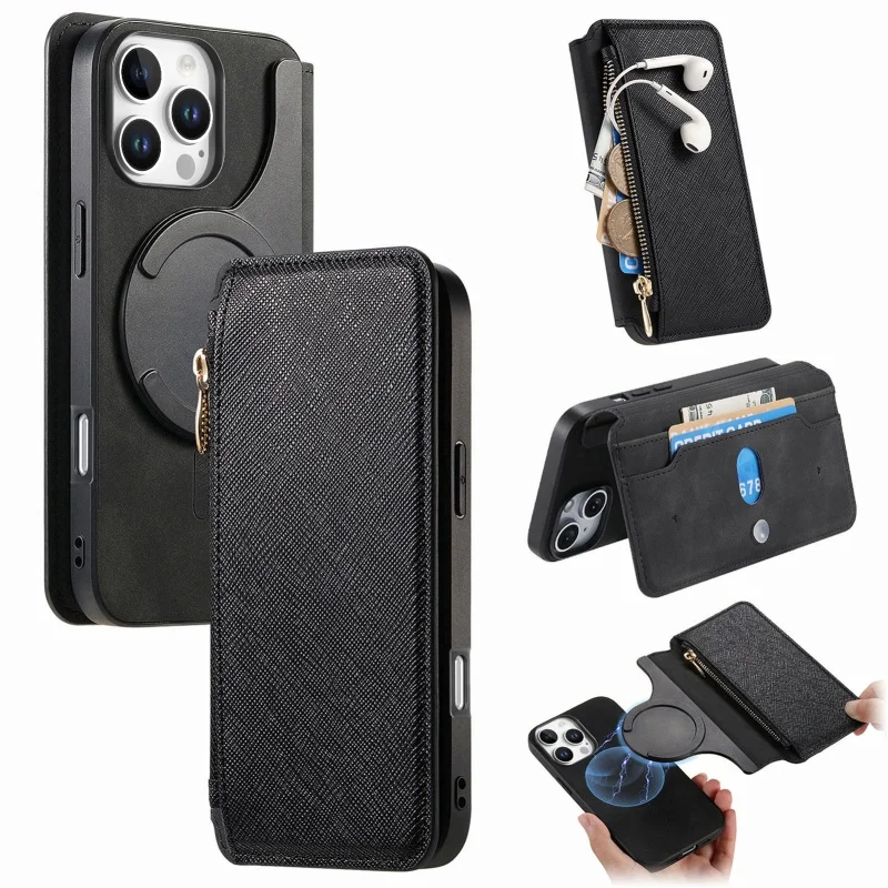 Magnetic Leather Wallet Phone Case with Zipper Card Holder