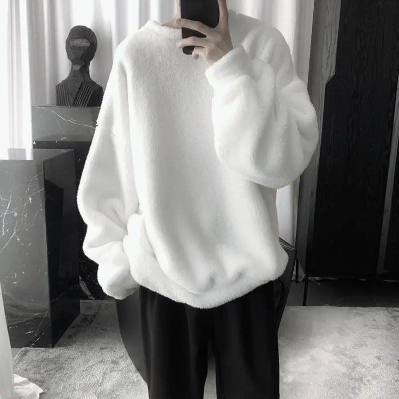 Oversize Sweatshirt Solid Color Lamb Hair O-Neck Long Sleeve Men's