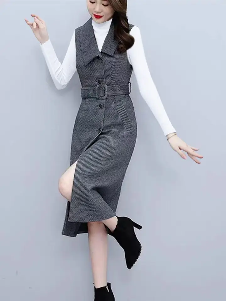 Woolen Vest Dress Women's Autumn and Winter New Style Suit Collar