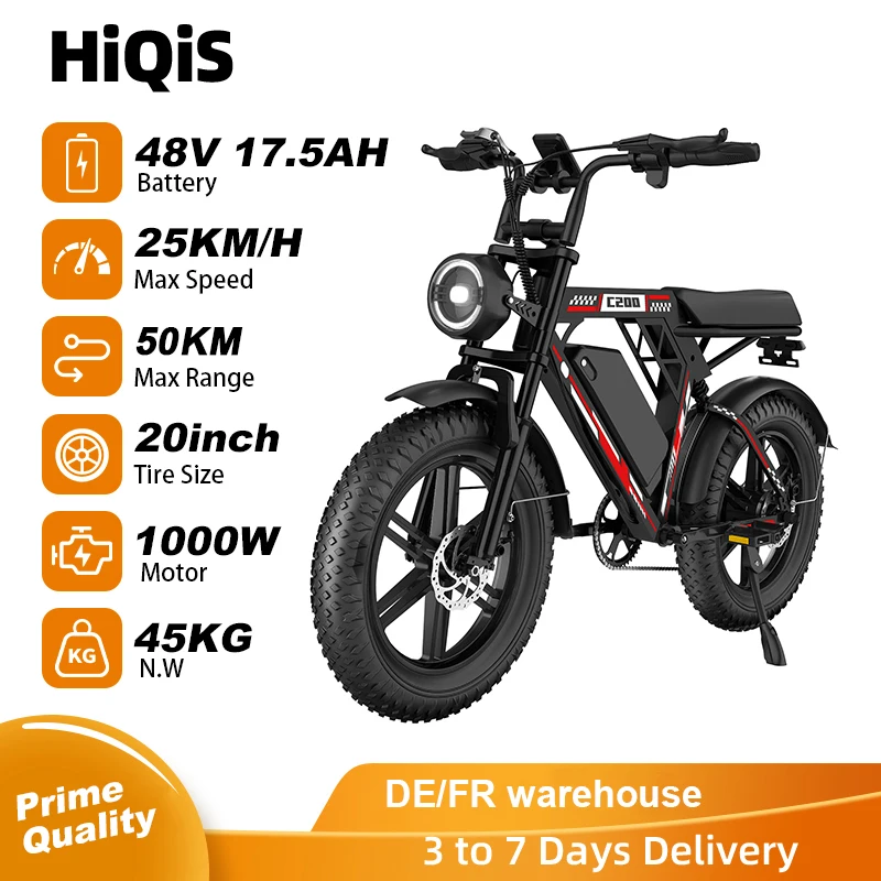 Vélo électrique HiQiS C200, batterie 48V 17.5AH, autonomie maximale 50KM, moteur 1000W, vitesse 25km/h, pneus larges de 20 pouces, tout-terrain, hors route, vélo électrique 1 Vélo électrique HiQiS C200, batterie 48V 17.5AH, autonomie maximale 50KM, moteur 1000W, vitesse 25km/h, pneus larges de 20 pouces, tout-terrain, hors route, vélo électrique 1