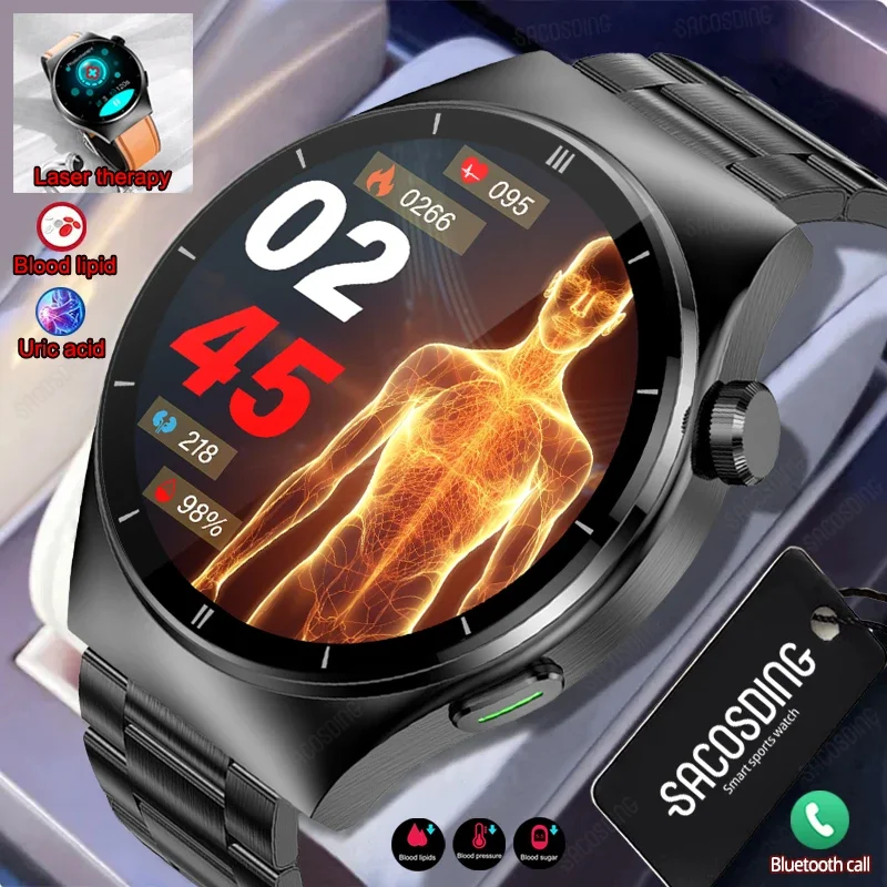 2024 Blood Sugar Smart Watch Health Blood Lipid Monitor Dell'Acido Urico Chiamata Bluetooth Terapia Laser Temperatura Corporea Smartwatch Men