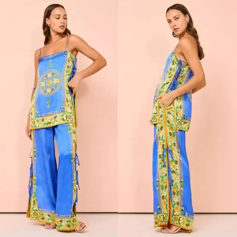 Summer Sleeveless Women Beach Vacation Set Fashionable Bow Loose Suspender Top High Waisted Wide Leg Pant Two Piece Set 2024