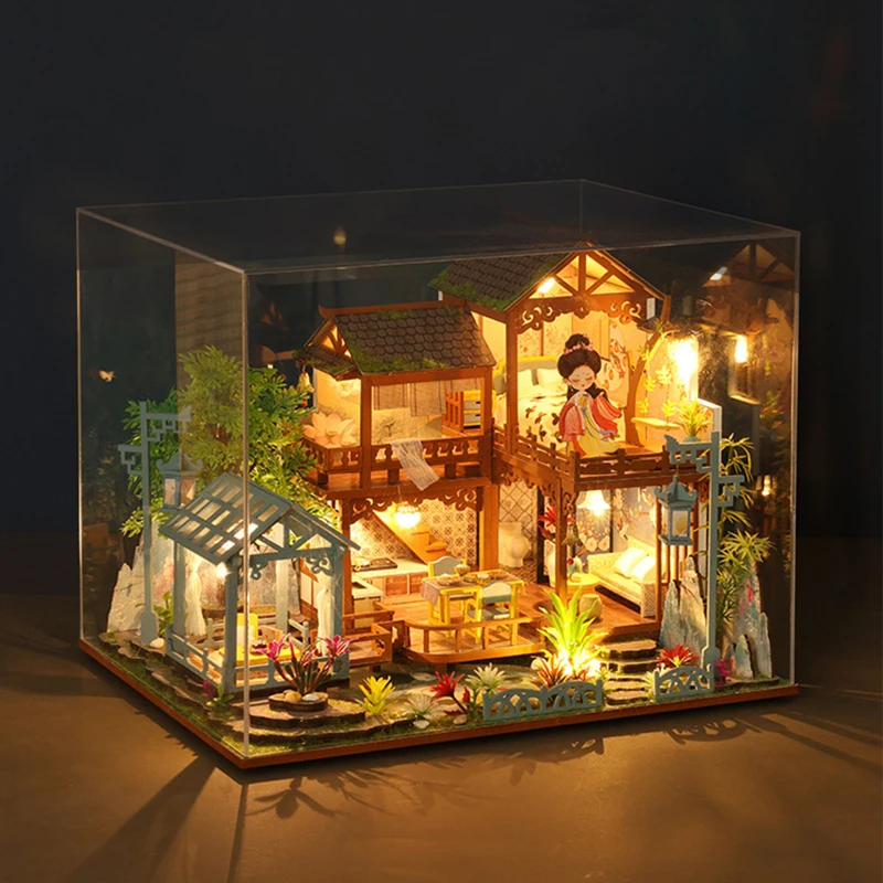 DIY Wooden Doll Houses Chinese Ancient Garden Room Casa Miniature Building Kits with Furniture Led Dollhouse for Adults Gifts 4