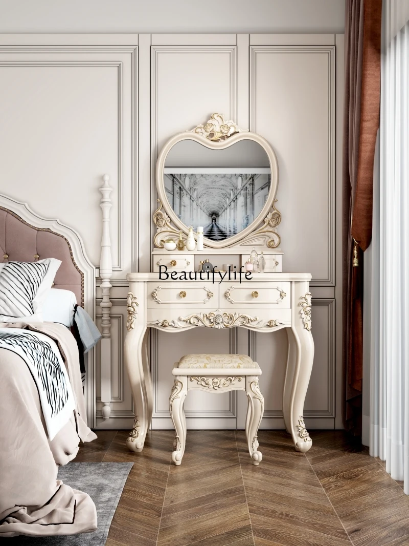 

European Style Dressing Table Bedroom New Light Luxury High-Grade Solid Wood Small Makeup Mirror Dressing Table Desk Integrated