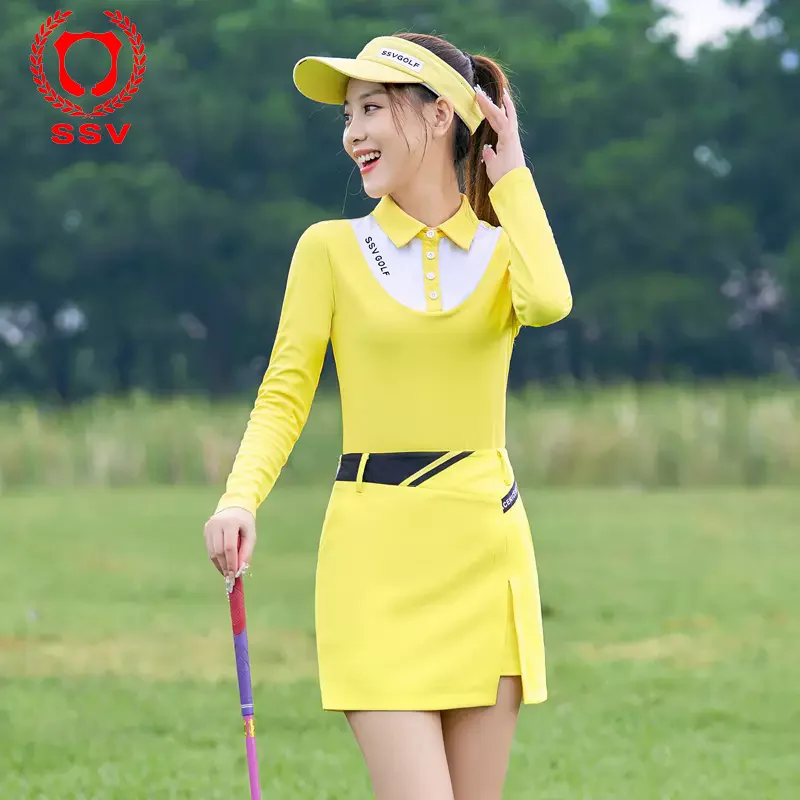Ladies sports clothing suit yellow long sleeve lapel polo shirt for women quick dry short skirt female golf wear