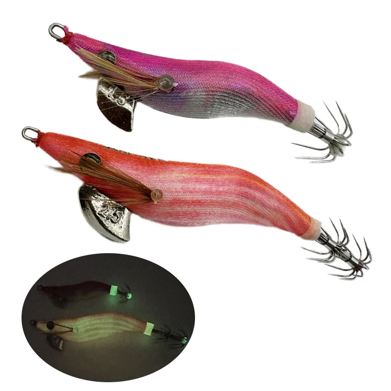 Squid Jig Octopus Egi Fishing Lures 12.8g Luminous Wooden Shrimp Fishing Lures Artificial Squid Hook Jig Bait with Sound Beads