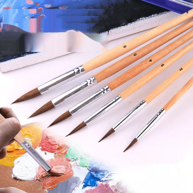 6 pz/set, capelli donnola circolare testa breve asta di legno pennello  acquerello pennello penna pittura acrilica pittura a olio rifornimenti di  arte del pennello - AliExpress