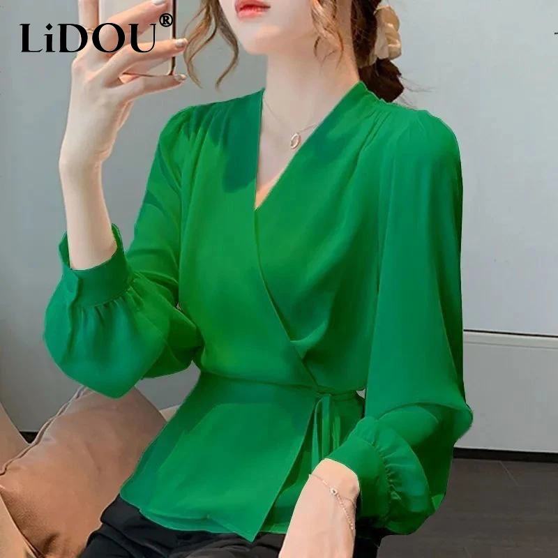 2022 Spring Autumn Korean Style Elegant Fashion Cross Lace Up Chiffon Blouse Femme Long Sleeve All-match Waist Shirt Top Women blouses striped color blocked criss cross twist hem blouse in multicolor size l m s xl