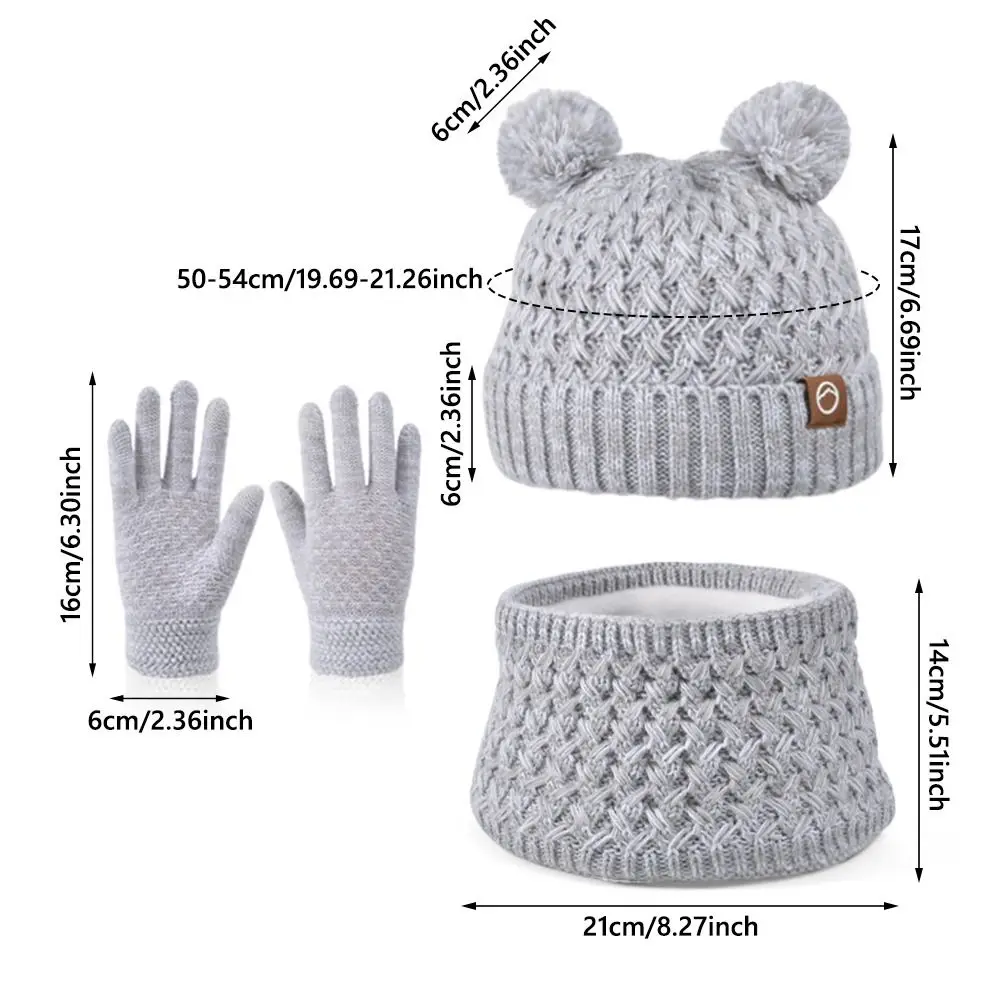 Fashion Winter Kids Hat Gloves Scarf Set Warm Knit Beanie Hat with Pom Thickened Children Fleece Lined Set