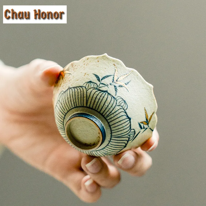 45ml Blue And White Flint Red Teacup Handmade Gold Drawing Bamboo Puer Tea Bowl Personal Sample Tea Cup Chazhan Teaset Drinkware