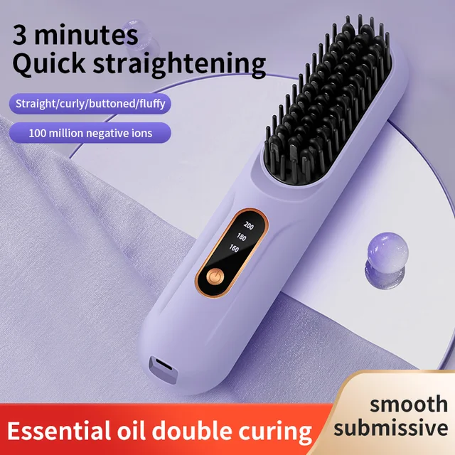Riscaldamento elettrico Pettine per capelli lisci Schermo LCD USB Strumento per lo styling portatile senza fili agli ioni negativi Spazzola per lisciare ricaricabile 2