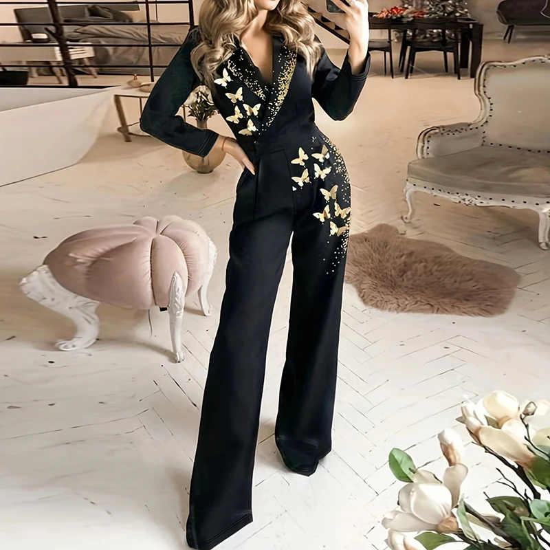 

Fashion Golden Butterfly Wide Legger Rompers Elegant Lapel Deep V-Neck Long Sleeve Jumpsuit Women High Waist Sequins Slim Romper
