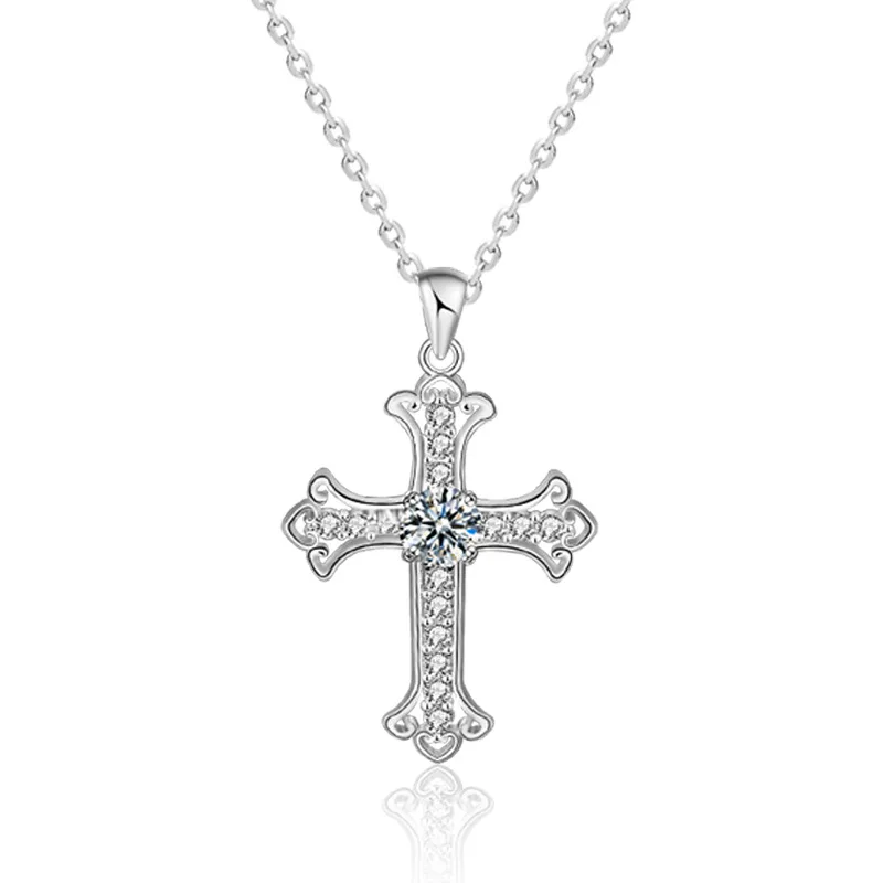 Moissanite Cross Pendant Necklace 925 Sterling Silver 18K White Gold Plated GRA Certificate