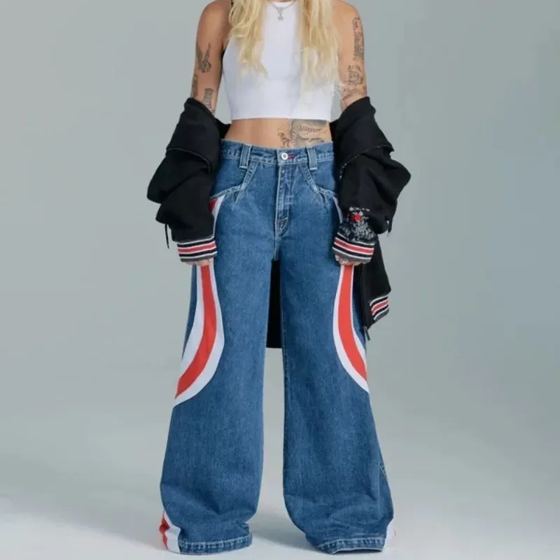 QWEEK Y2k Oversized Women's Jeans Harajuku Vintage Wide Leg Denim Pants Streetwear Baddies Punk Hippie Trousers Korean Fashion