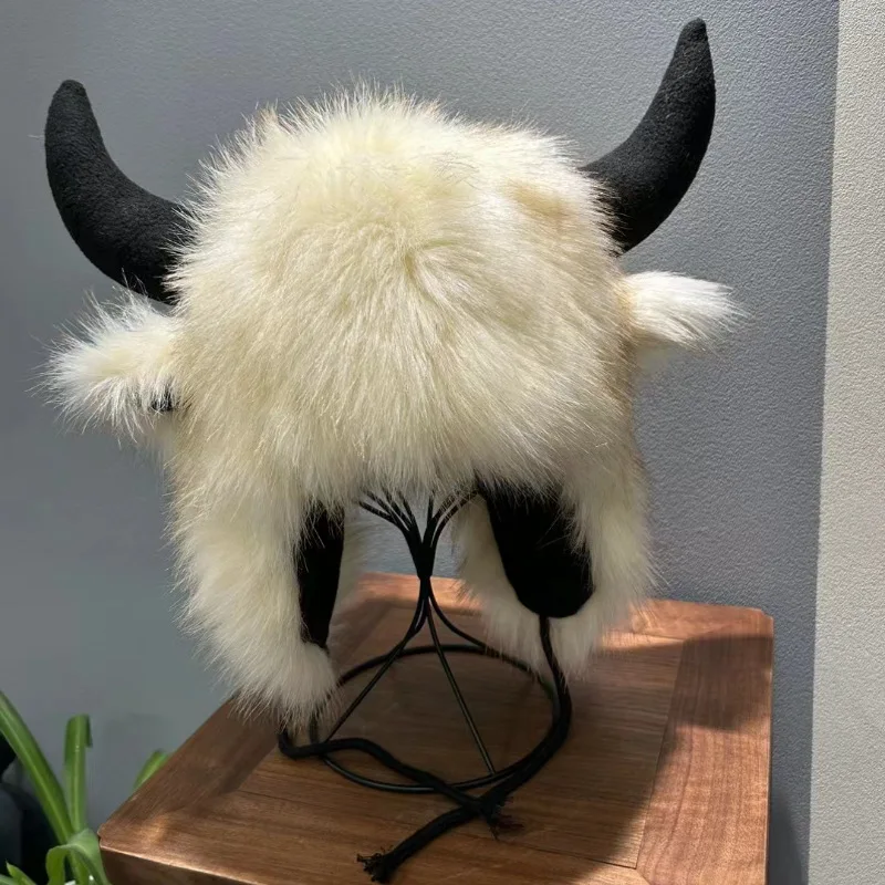 Fluffy Hood Buffalo Horn Hat Plush Faux Fur Winter Hat With