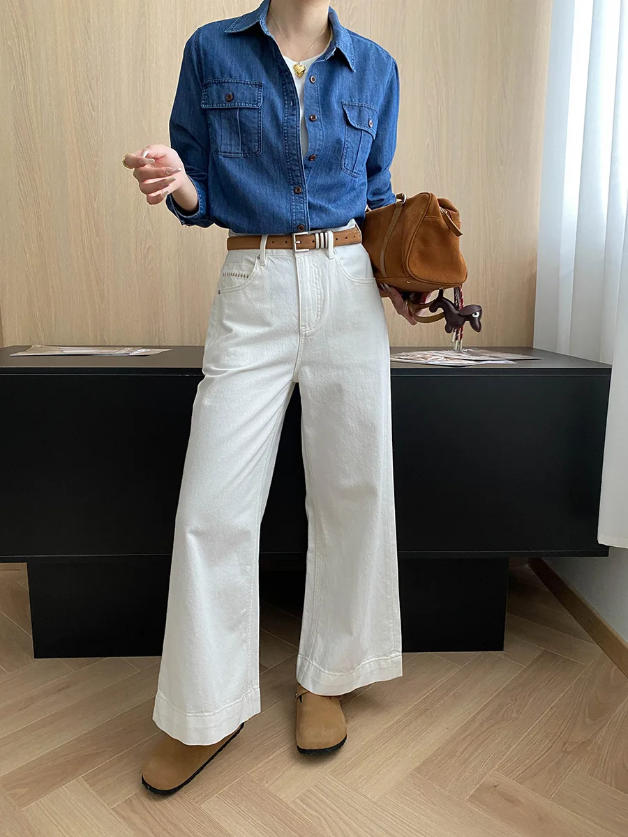 Herbst und Winter Damen lässig einfarbig Revers langärmelige Taschendekoration lose Jeanshemd – Detail 10
