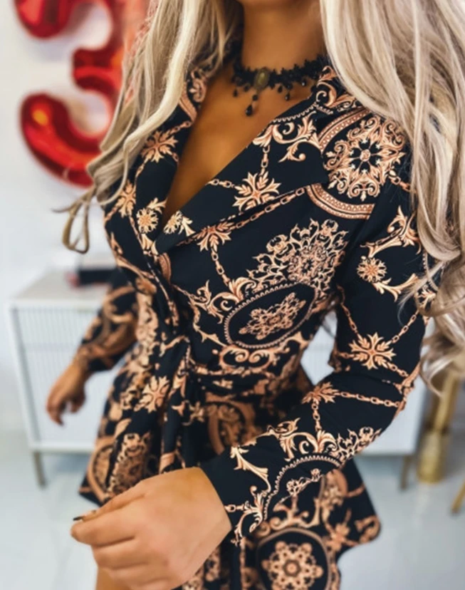 

Women's Baroque Print Notched Collar Tied Detail Long Sleeved Summer 2023 New Hot Selling Daily Commuting Elegant Party Dress