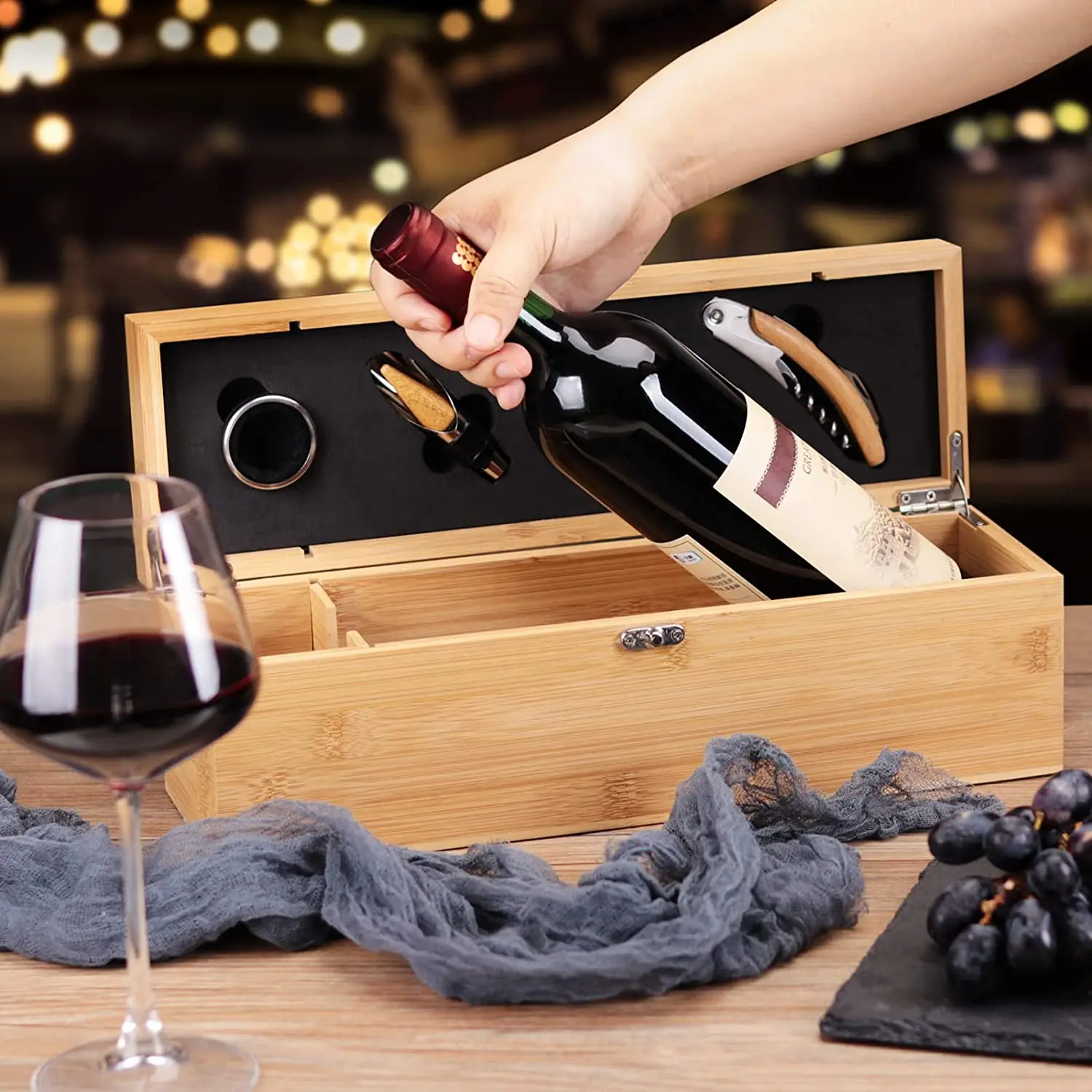 Wine Box with 4 Wine Accessories Set Gift for Men&Women Bamboo Case with Tool Set Storage Box Gift for Lover