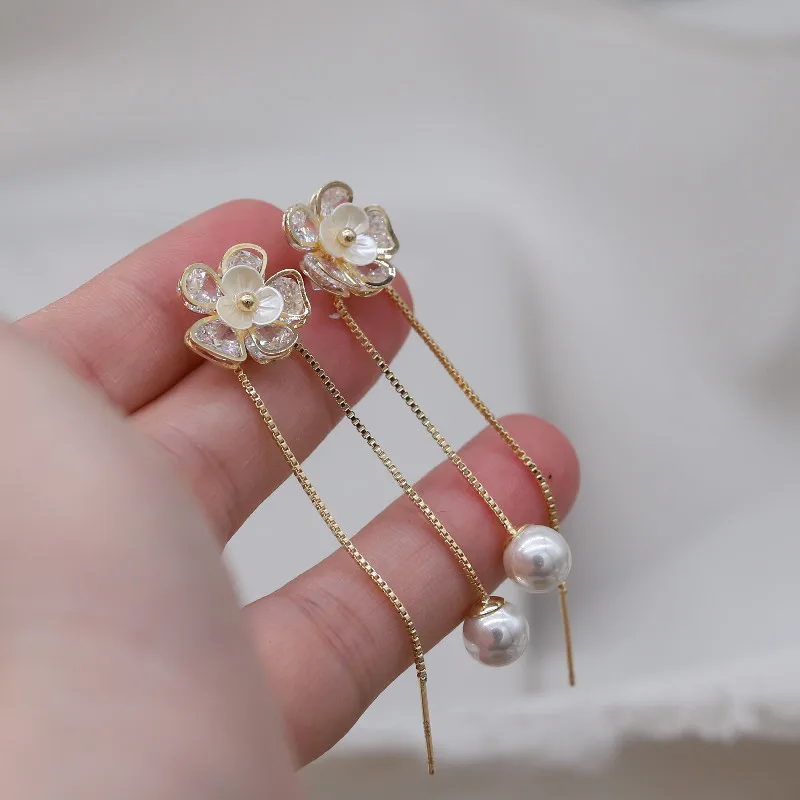 2021 Korean Fashion Jewelry New Trend Gold Chain Long Tassel Crystal Zircon  Flower Earrings For Women Girls Wedding Party