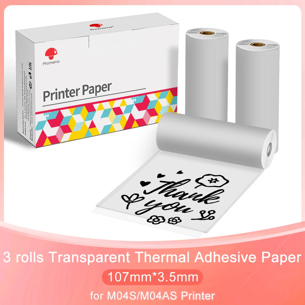 

Transparent Thermal Paper White Self-Adhesive Paper 107mm Compatible With Phomemo M03AS/M04S/M04AS Mini Portable Pocket Printer