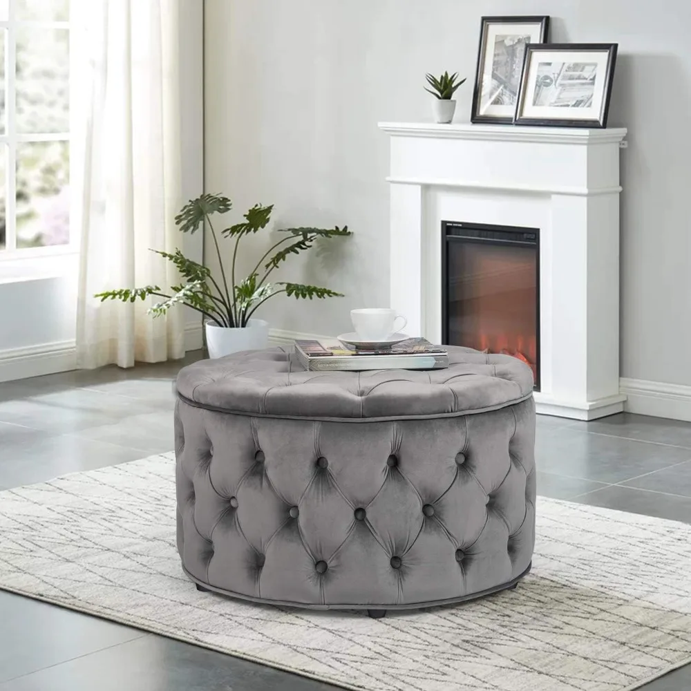 

28 Inch Round Velvet Storage Ottoman, Button Tufted Footrest Stool Coffee Table for Living Room Grey Footstool