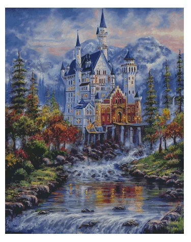 

Forest Castle Landscape Counted Cross Stitch Kits Sewing 18CT 16CT 14CT White Canvas Embroidery DIY Handmade Needle Home Decor