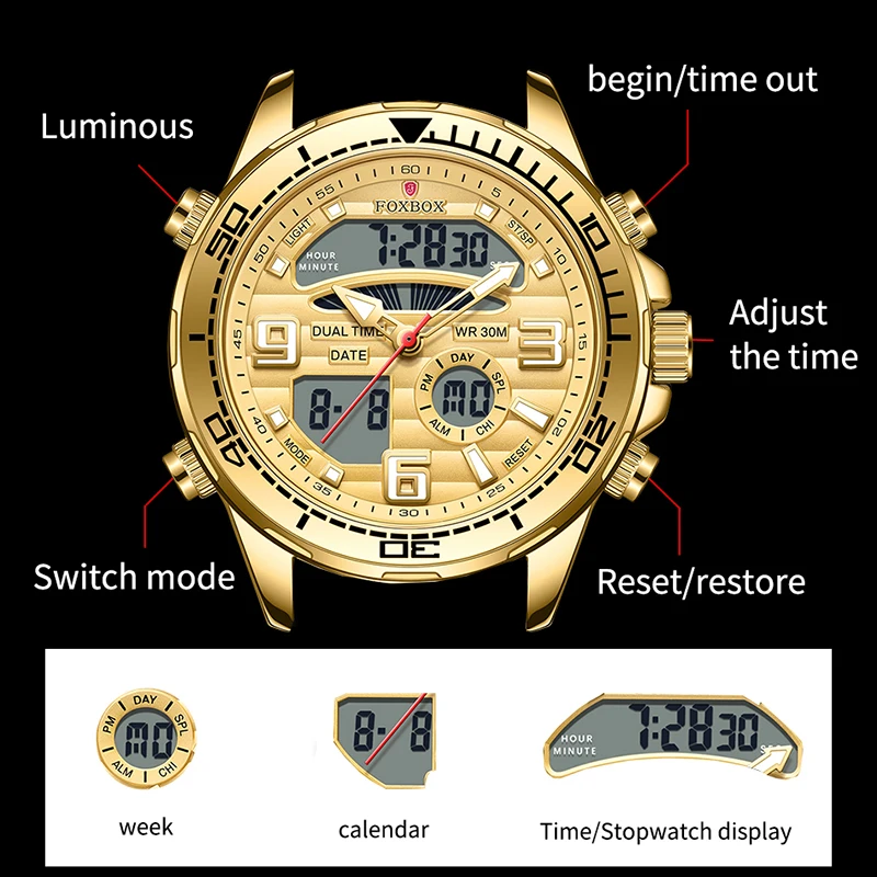 FOXBOX New Gold Quartz Watch For Men Top Brand Luxury Men Waterproof Watch Fashion Military Luminous Chronograph Reloj Hombre