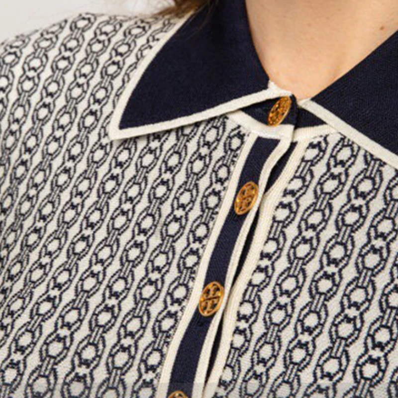 Summer Women Chain Printed Polo-collar Pleated Skirt Knitted Mini Dress Office Lady