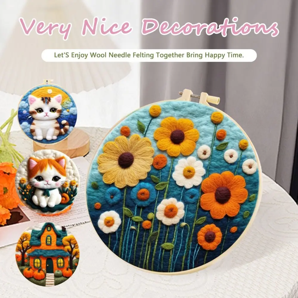 Halloween Cute For Beginner Needle Felting Painting with Frame Kit Castle Cat Handmade Felt NeedlesPumpkin DIY Gift Leisure Time