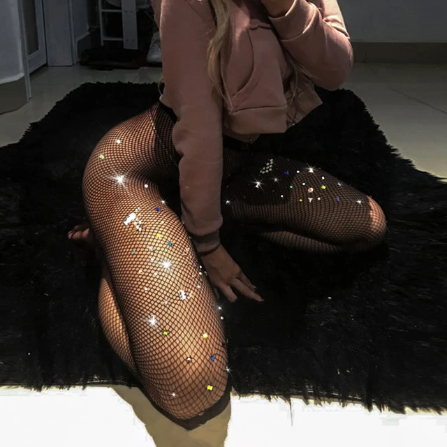 Women Sparkly Rhinestone Fishnet Tights Mesh High Waist Pantyhose Stockings  Crystal Leggings