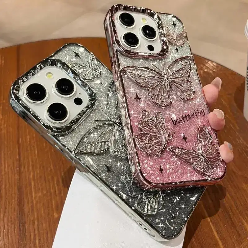 Coque de téléphone 3D à paillettes papillon, étui de luxe antichoc avec dégradé de sable mouvant pour iPhone Pro Max Plus