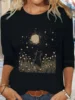 Women's Cotton Casual Long Sleeve Round Neck Cat T-Shirt Black Geometric Star & Moon Print Spring Fall  Whimsical Print Shirt